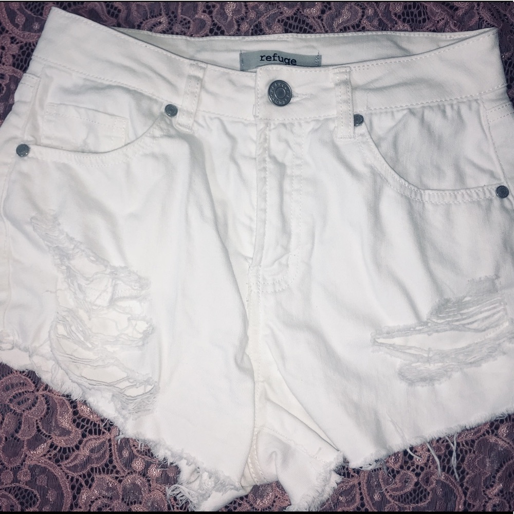 refuge ripped white jean shorts